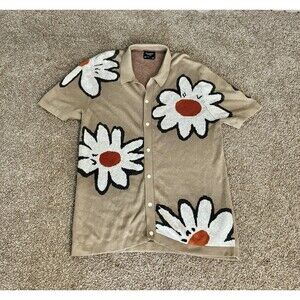 Abercrombie & Fitch Men's Large Knit Polo Shirt Tan Daisy Floral Short Sleeve